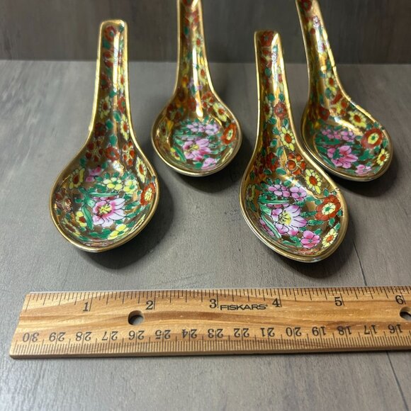 4 Vintage Hand-Painted Floral Asian Japanese Ceramic Soup Spoons Gold Accents - Picture 2 of 5